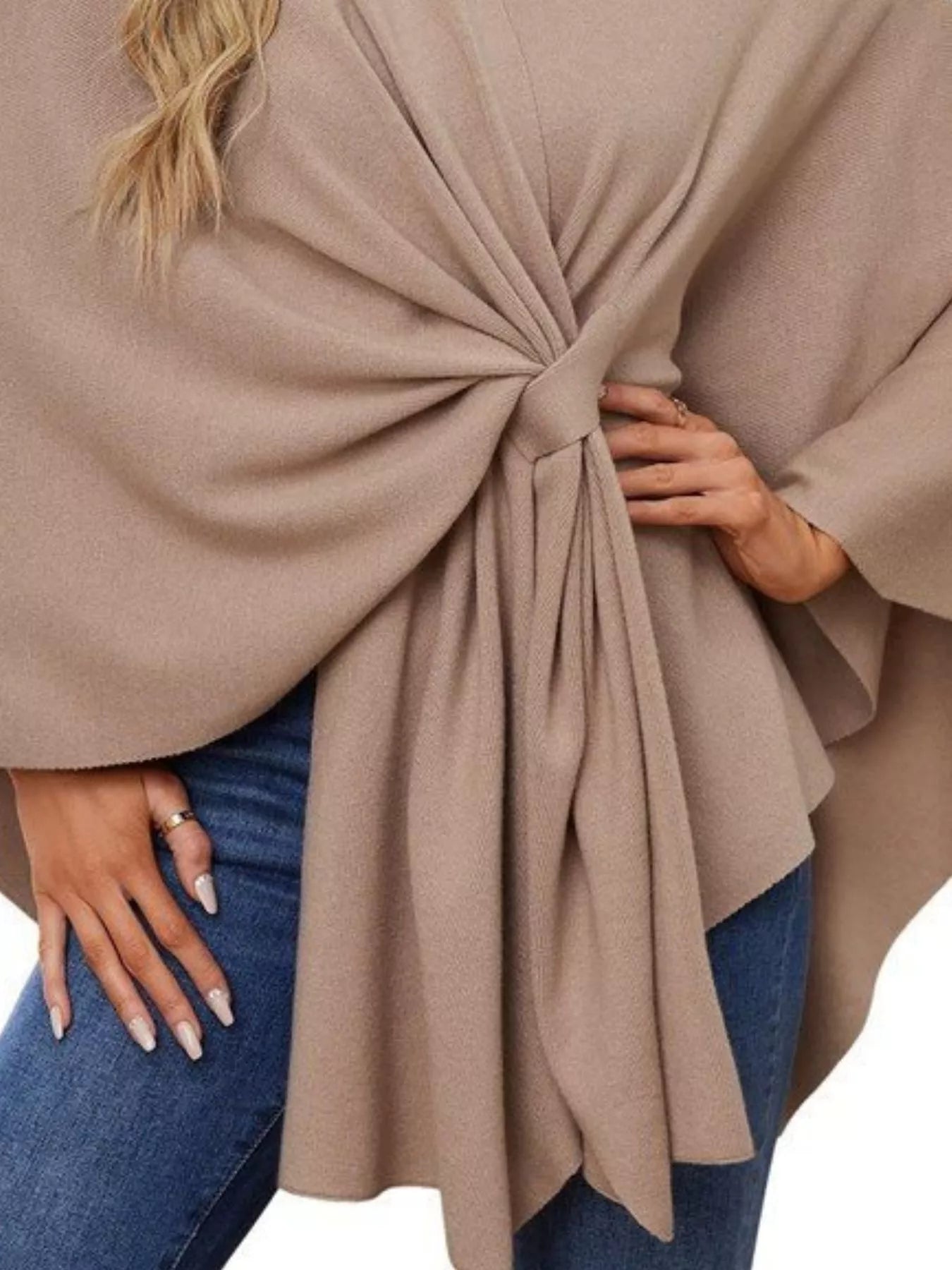 Solid Color Tie-Front Knit Cape Top
