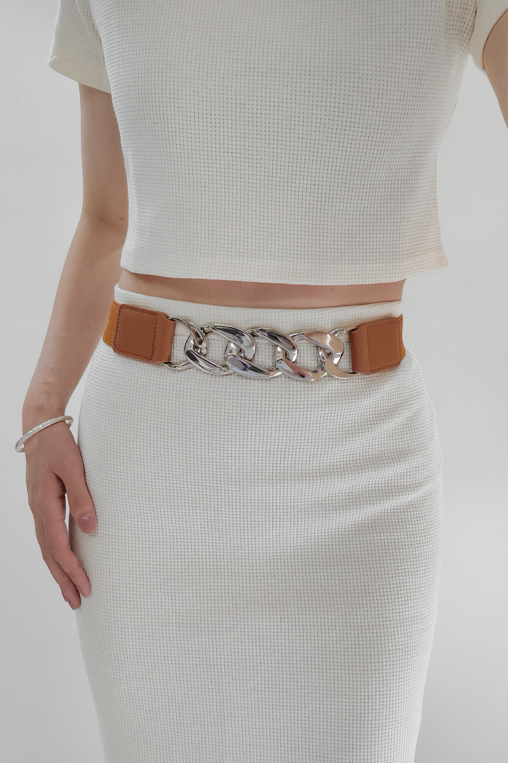 Chain Detail Elastic Belt with Alloy Buckle | PU Leather