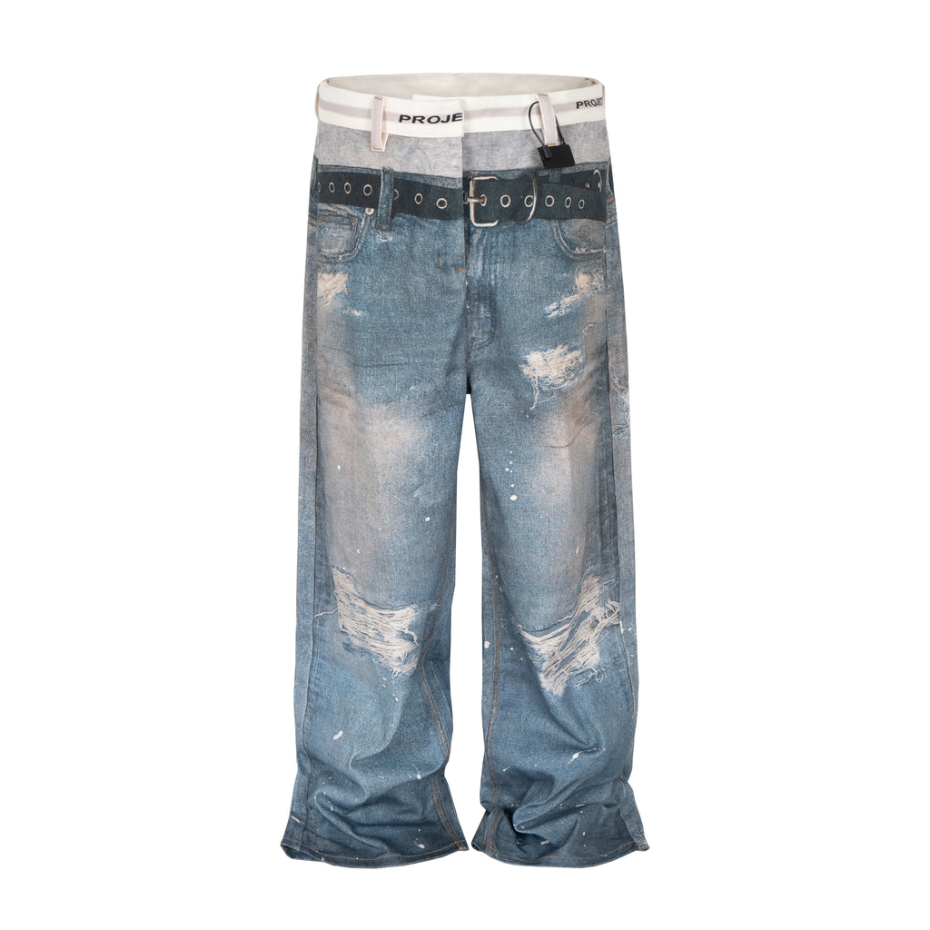 Wideboy Sagged Denim jeans featuring a relaxed fit, distressed wash, and graphic boxer-style waistband print.