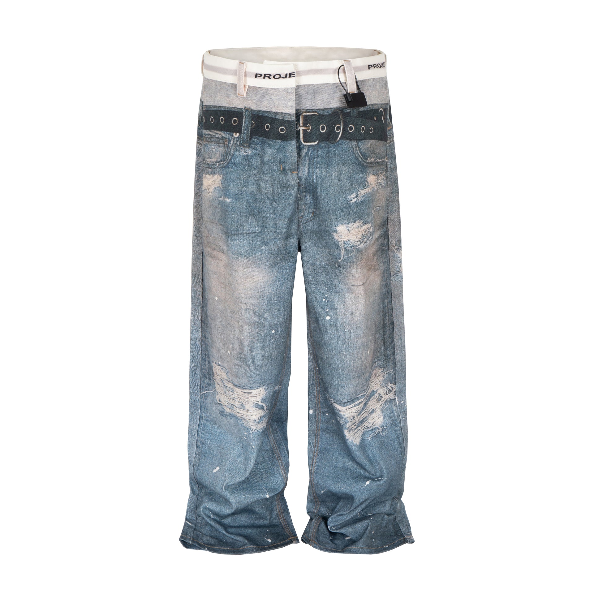 Wideboy Sagged Denim jeans featuring a relaxed fit, distressed wash, and graphic boxer-style waistband print.