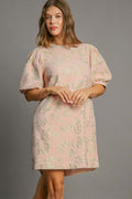 Vintage-inspired floral jacquard mini dress featuring puff sleeves.