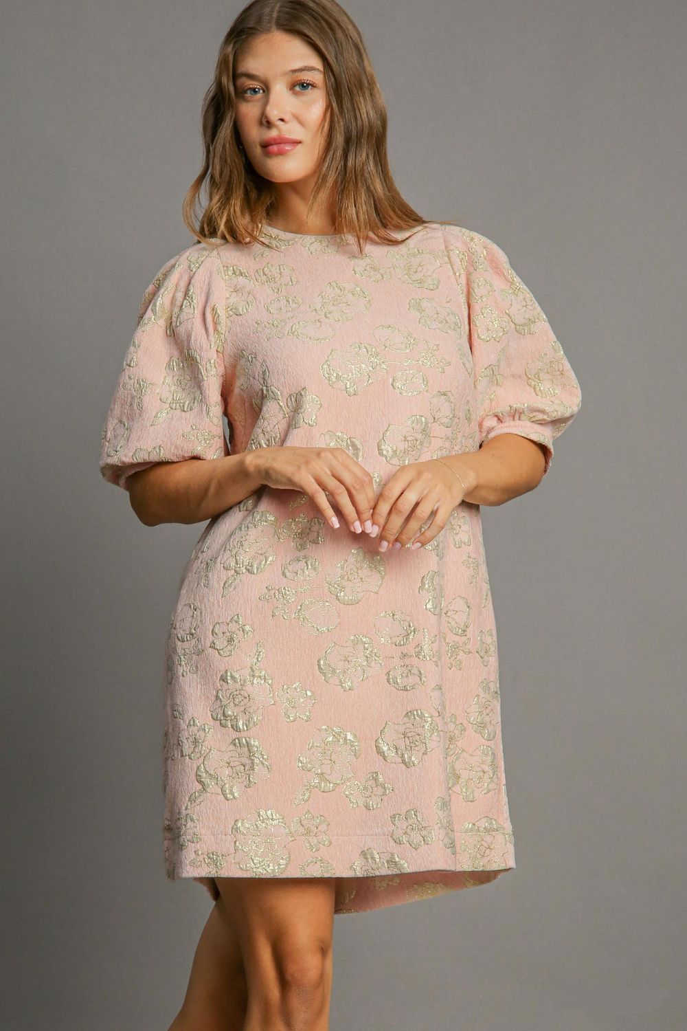 Vintage-inspired floral jacquard mini dress featuring puff sleeves.