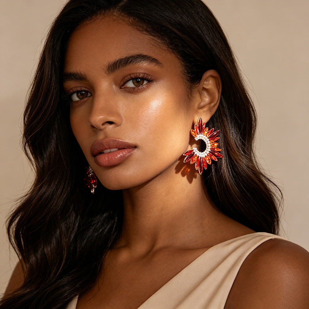 Cross Border Zircon Sunflower Earrings Gradient Marquise Crystal C Loop Flower Earrings Party Alloy Stud Ear Jewelry Wholesale
