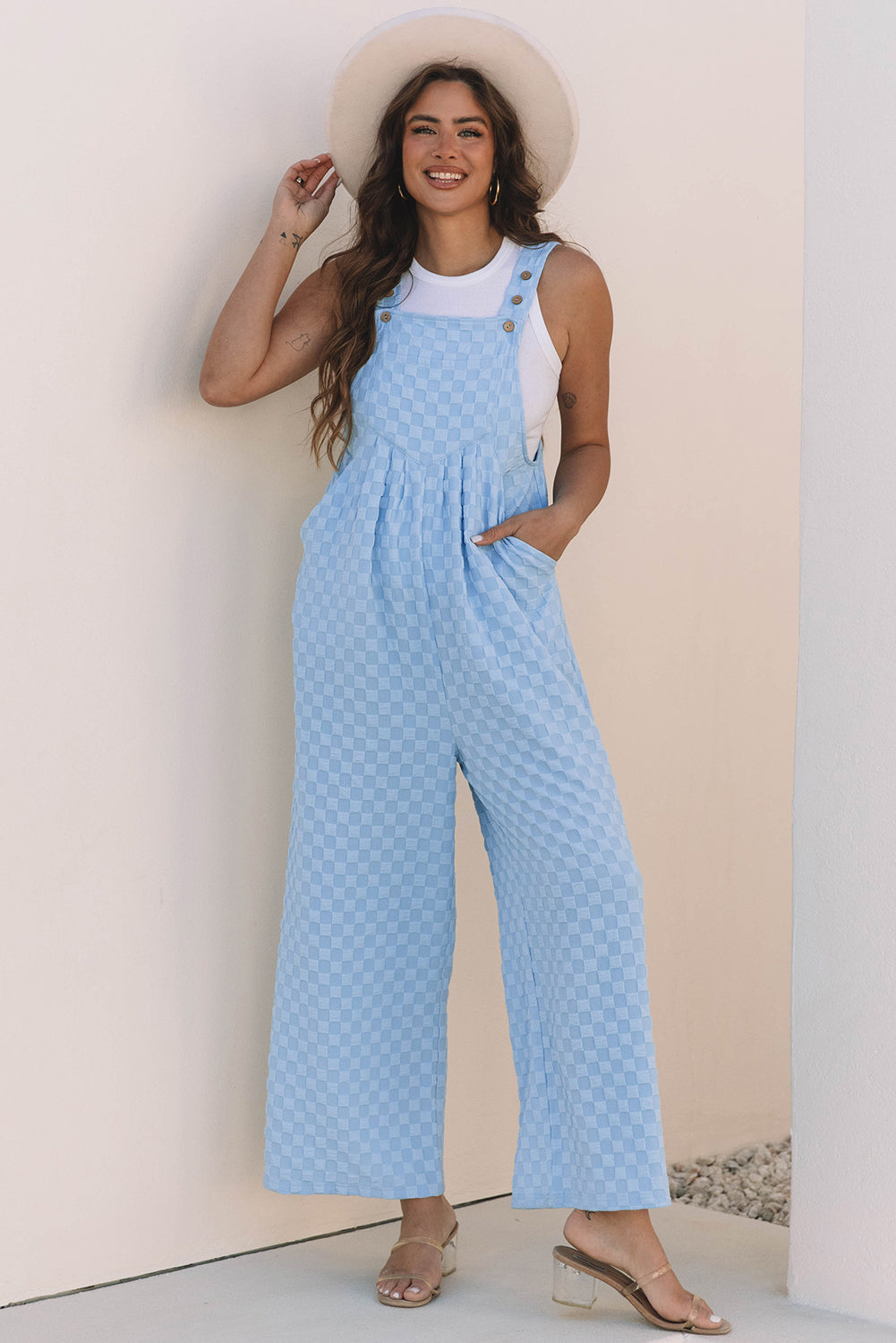 Beau Blue Checkered Pocketed High Waist Wide Leg Overall