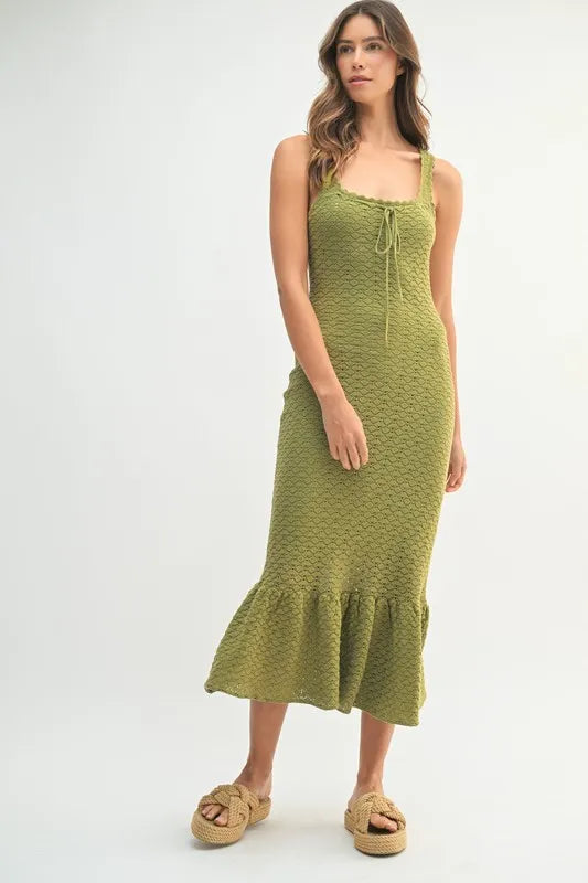 Olive Green Crochet Knit Midi Dress with Ruffled Hem