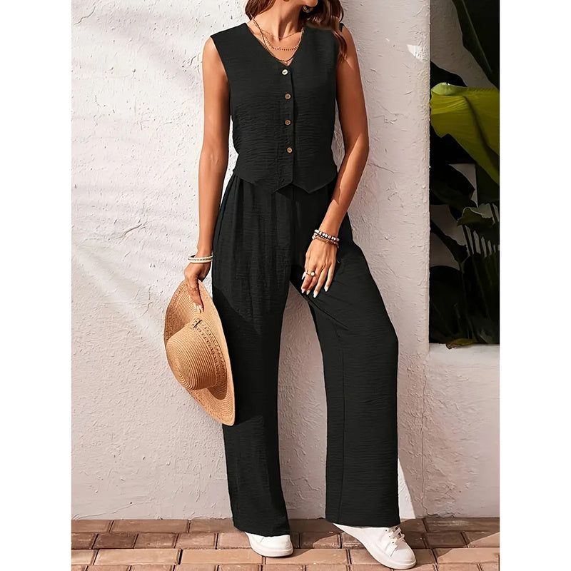 Women’s V-Neck Crop Vest and Wide-Leg Pants Matching Set