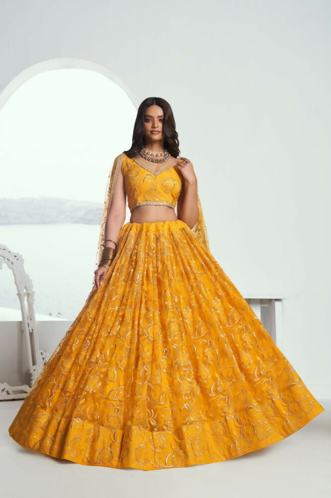 Yellow butterfly net lehenga with tone-to-tone cotton thread and sequence embroidery