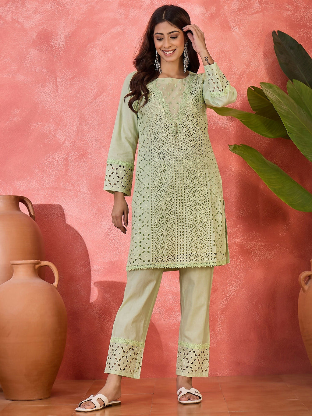 Green Pure Cotton Embroidered Co-ord Set with 3/4 Sleeve Kurti