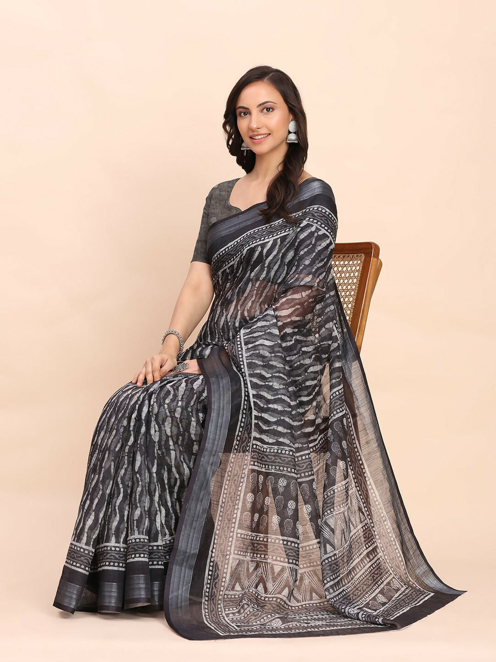Minimalist Black Linen Cotton Saree with Matching Blouse