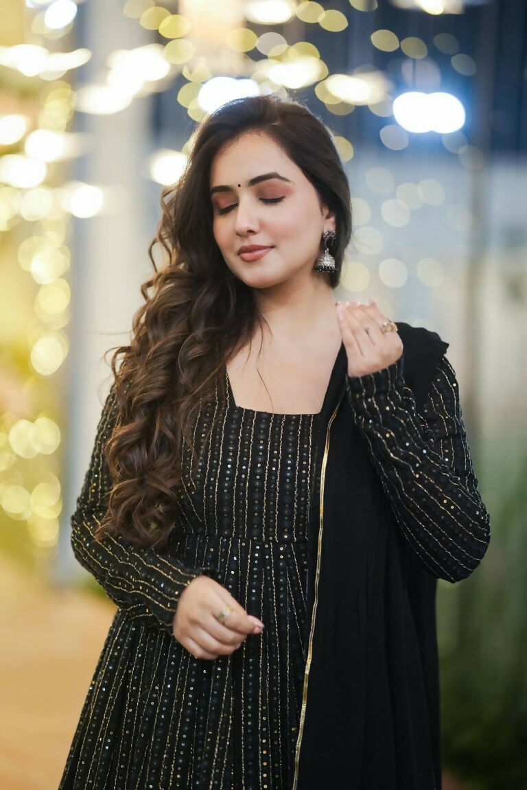 Black Faux Georgette Anarkali Dress with Zari & Sequence Embroidery