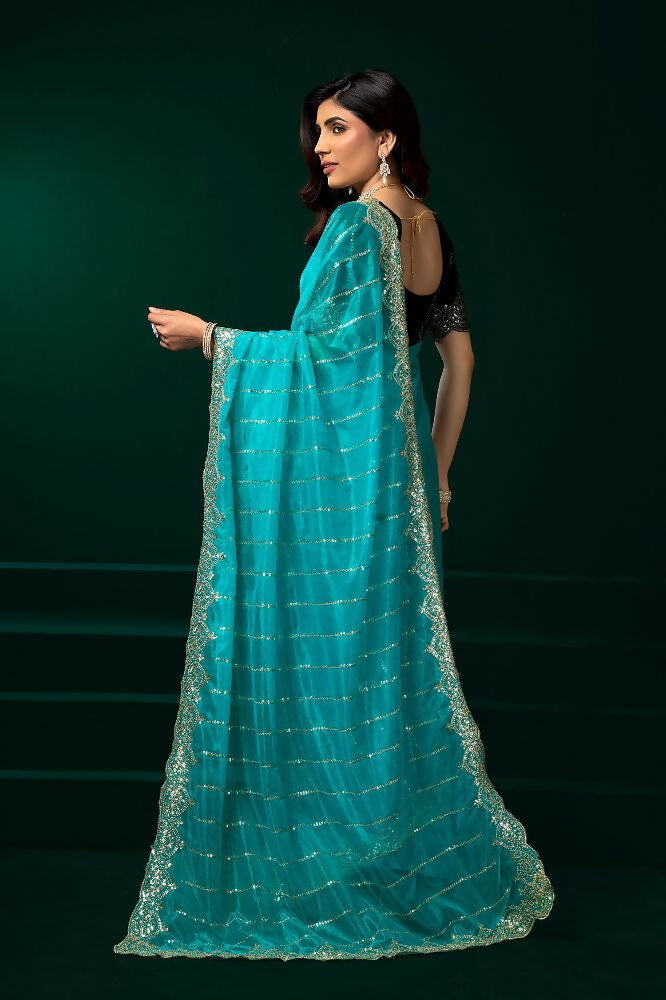 Turquoise Blue Net Party Wear Saree with Black Velvet Blouse
