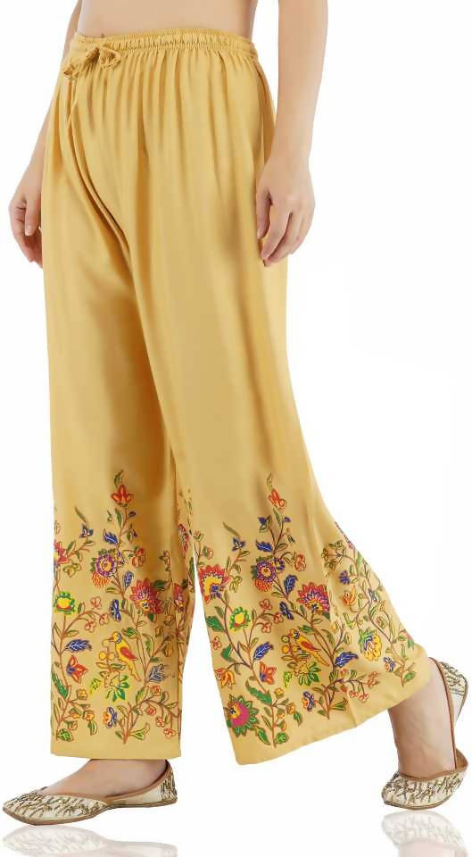 Golden Floral Print Palazzo Pants for Women, 40-Inch Length