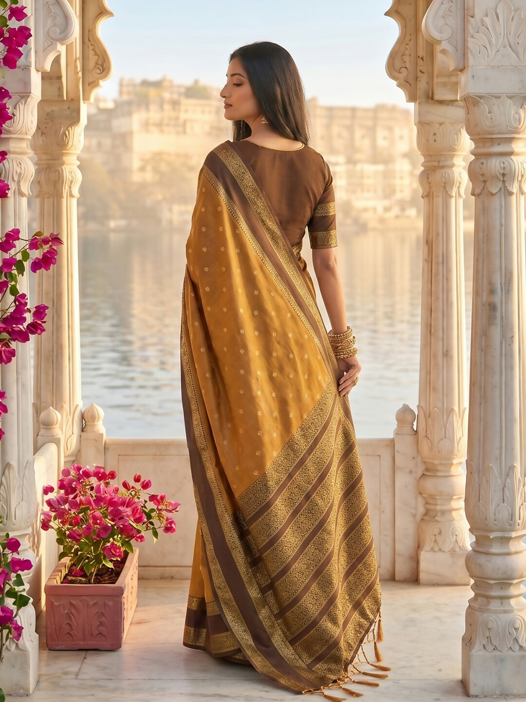 Mustard Silk Blend Saree with Matching Blouse