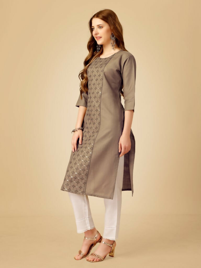 Jyoti Fashion Women's Khaki Cotton Blend Embroidered Kurta Pant Set
