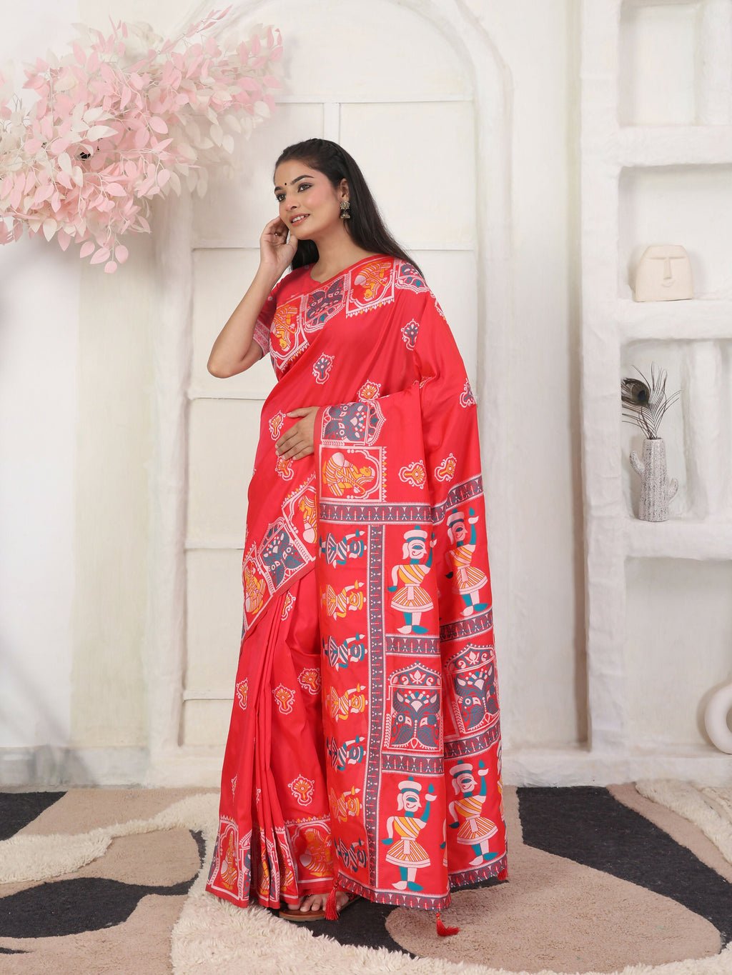 Red Silk Blend Saree with Matching Blouse Piece