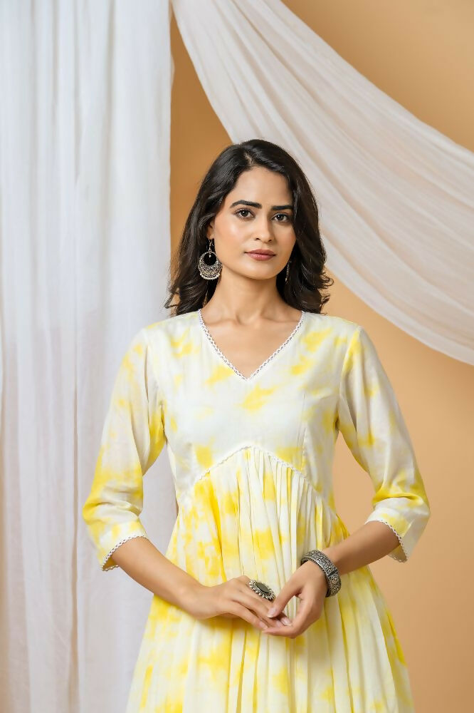 Yellow Tie & Dye Cotton Kurta Pant Set for Women