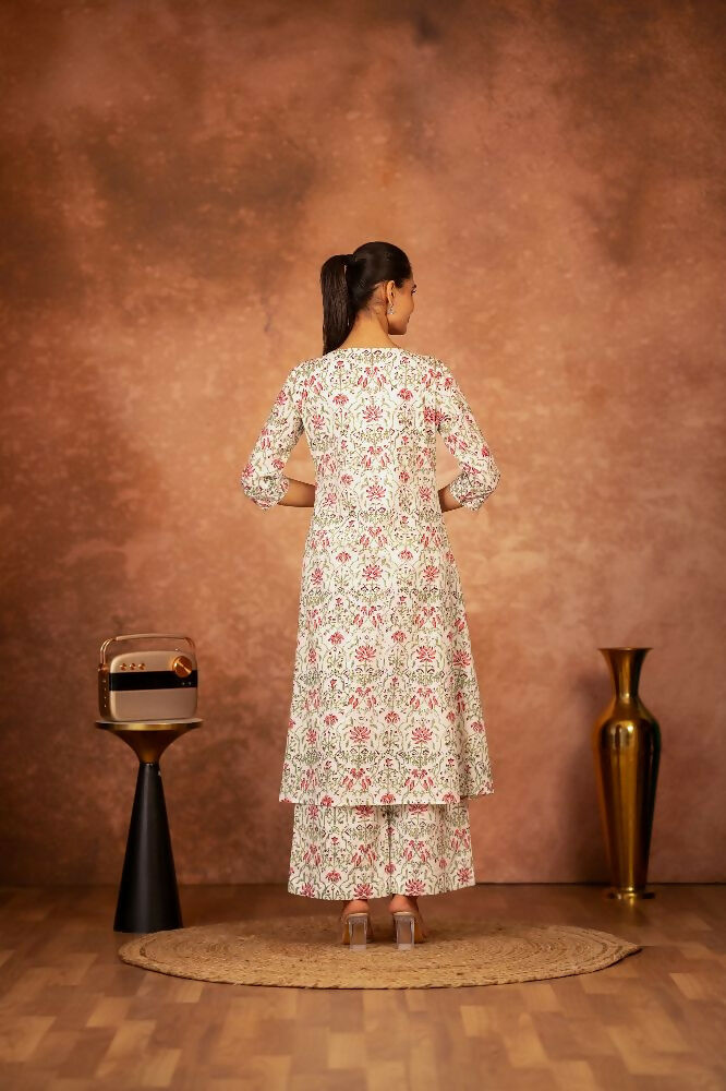Green & Pink Hand Block Printed Cotton Suit Set for Women