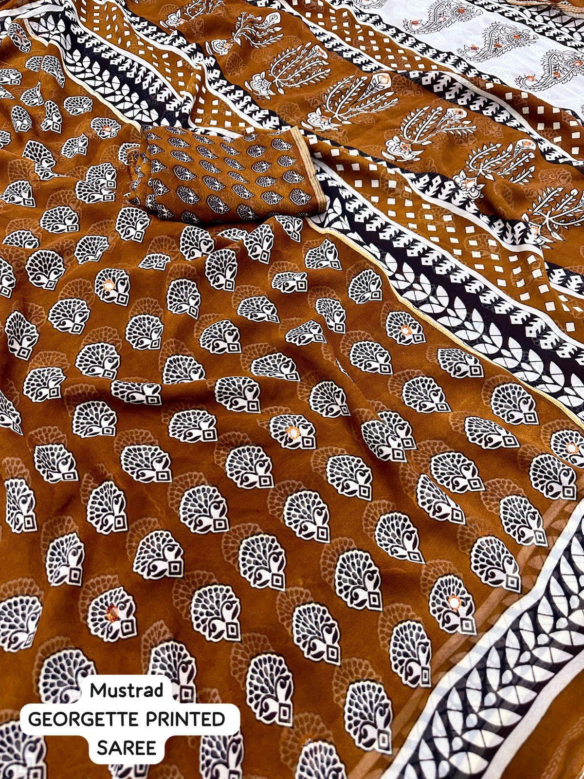 Mustard Poly Georgette Ajrak Saree with Mirror Work