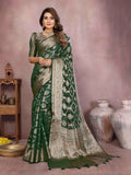 Deep green Soft Organza Silk saree with intricate weaving work