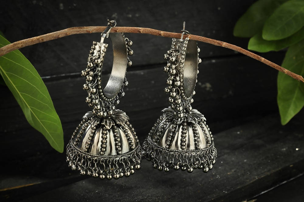 Oxidised Silver-Plated Ghungroo Jhumka Earrings for Traditional Look
