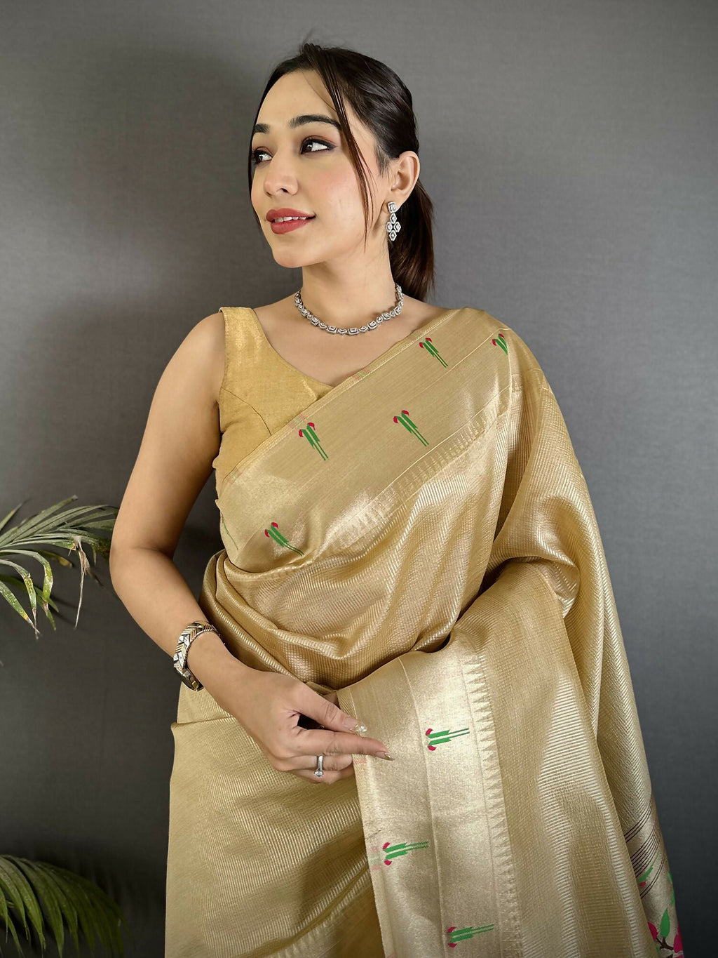 Ivory Tissue Paithani Saree with Peacock and Floral Motifs