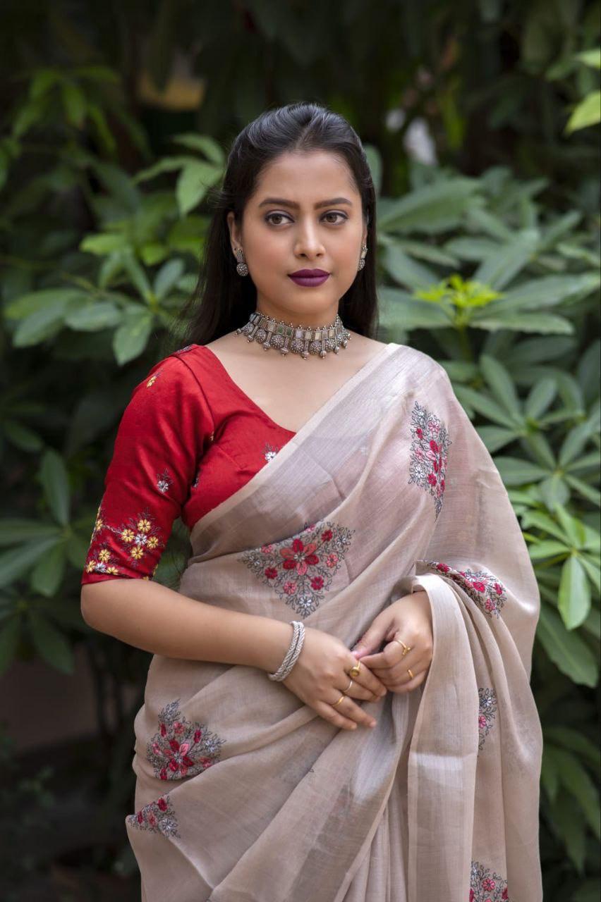 Fossil Pure Linen Ethnic Motifs Saree with Unstitched Blouse - Hiral Fashion