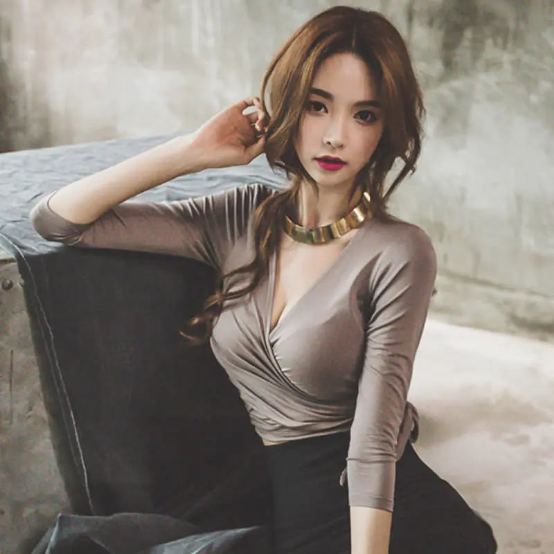 Women's V-Neck Wrap Long Sleeve Top Slim Fit - Image 10