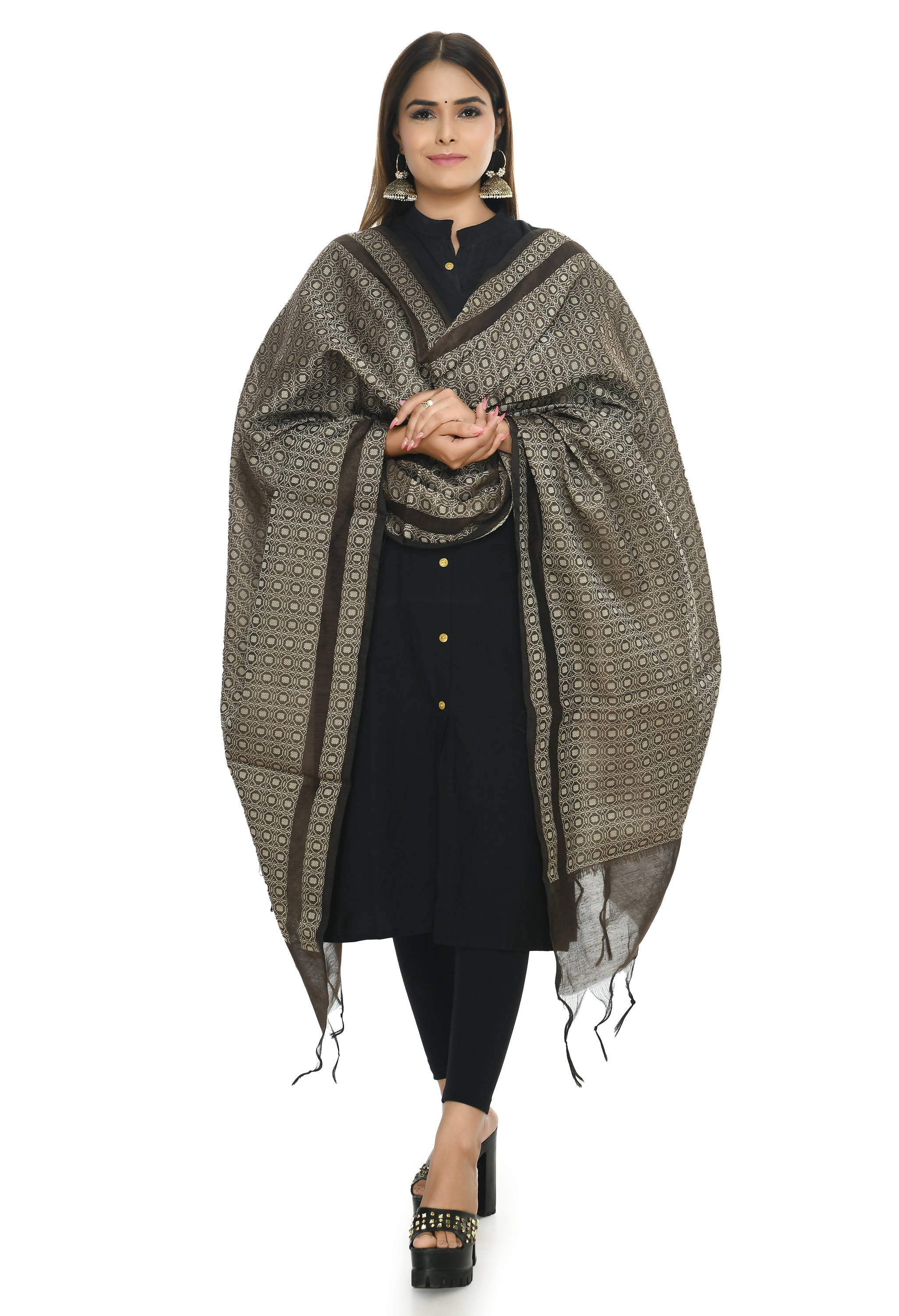 Elegant coffee colored handloom cotton dupatta for women draped stylishly