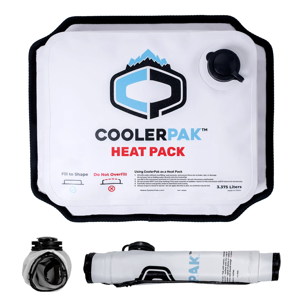 A white refillable 7lb Coolerpak heat pack with black trim and a blue and black logo, shown flat and rolled up.