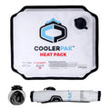 A white refillable 7lb Coolerpak heat pack with black trim and a blue and black logo, shown flat and rolled up.