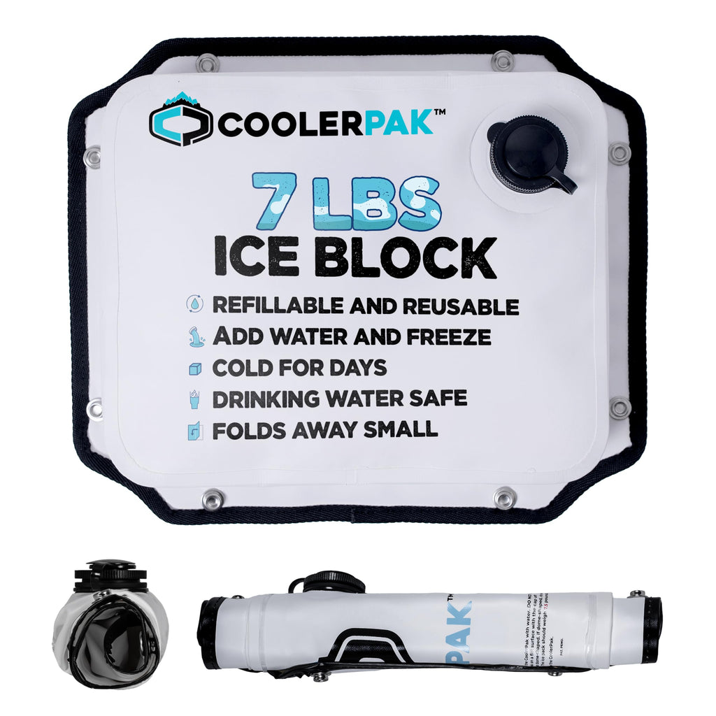 Refillable 7lb ice block for coolers, shown flat and rolled up, featuring 14x11 inch dimensions.