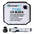 Refillable 7lb ice block for coolers, shown flat and rolled up, featuring 14x11 inch dimensions.