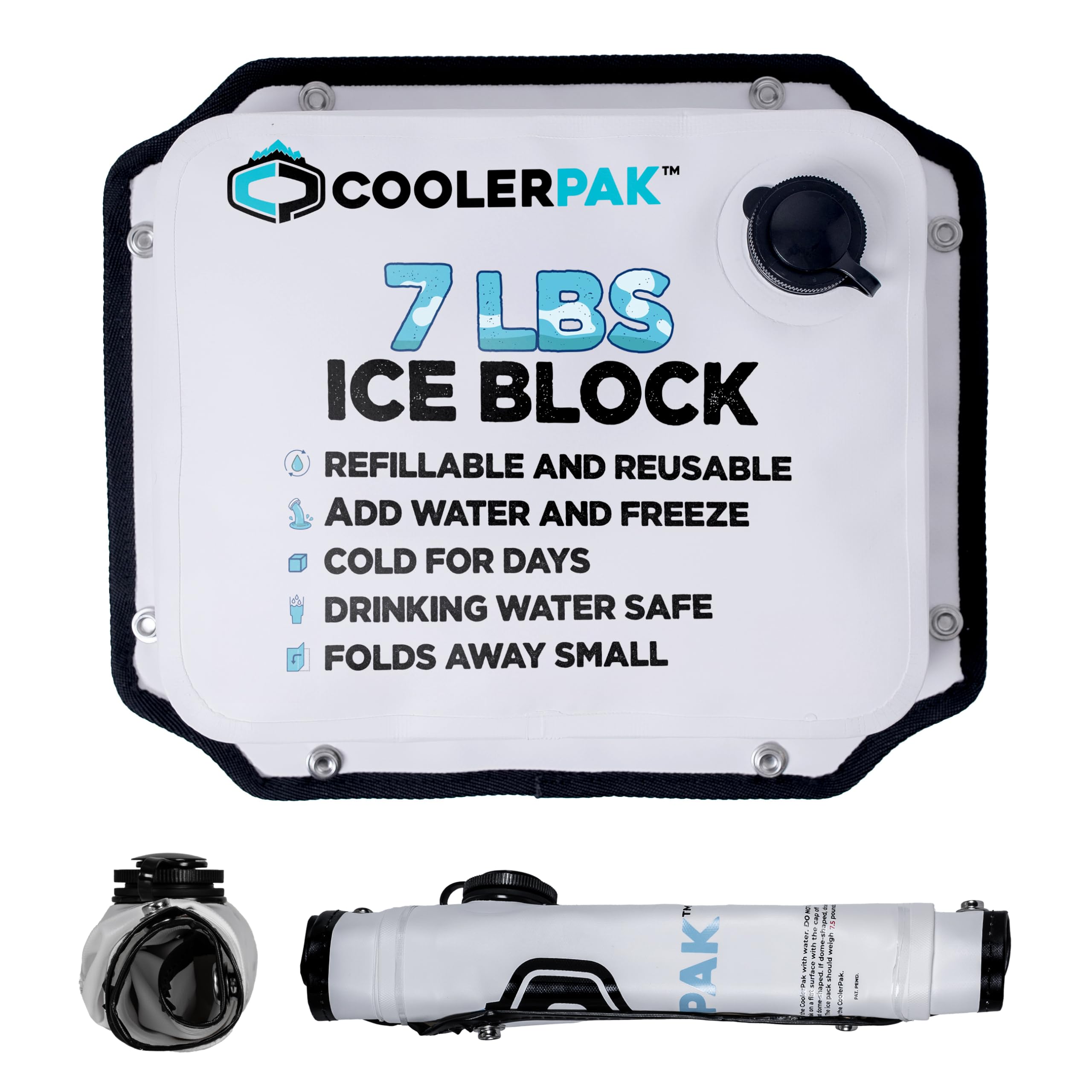 Refillable 7lb ice block for coolers, shown flat and rolled up, featuring 14x11 inch dimensions.