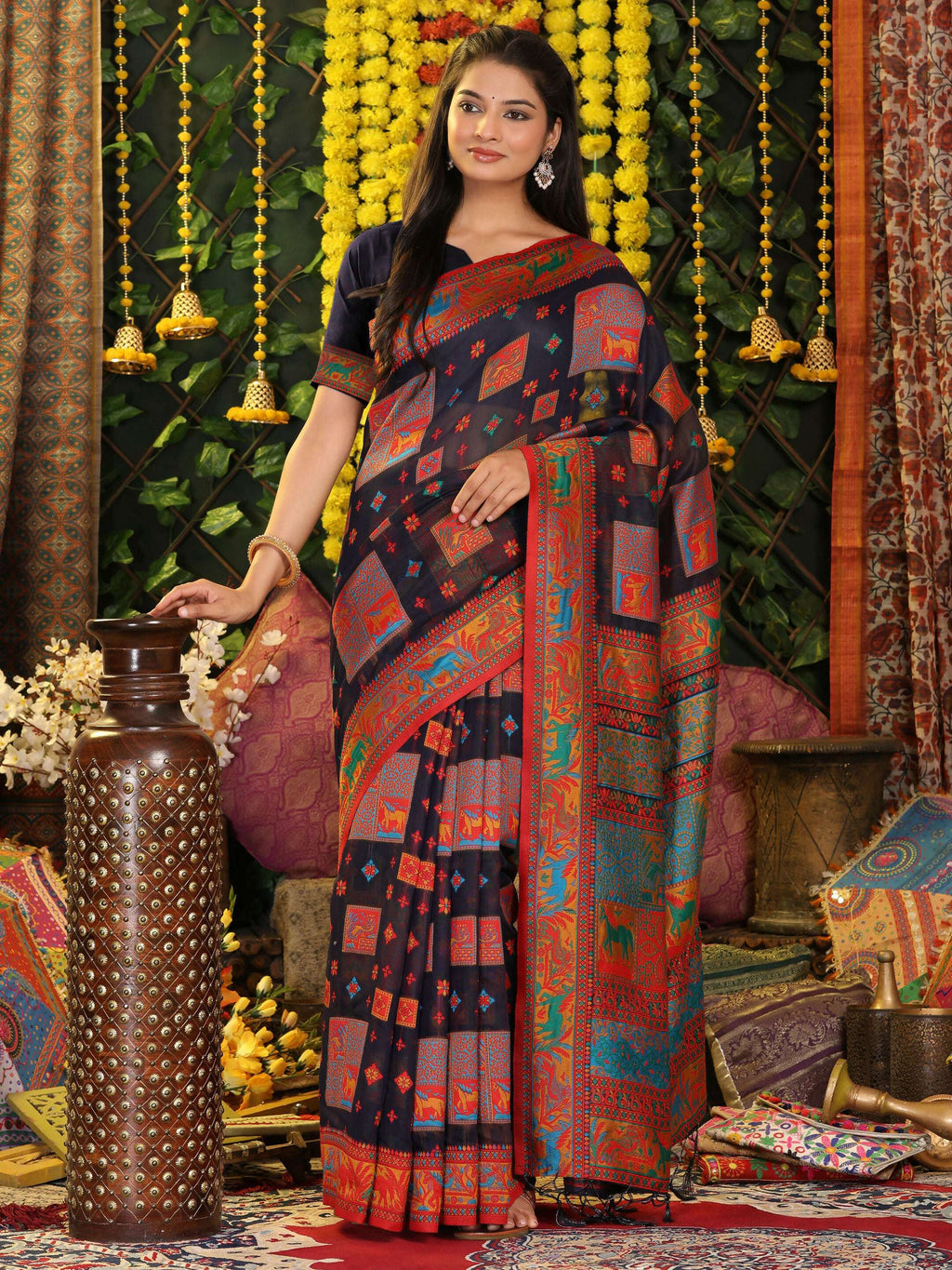 Navy Blue Linen Cotton Saree with Matching Blouse Piece