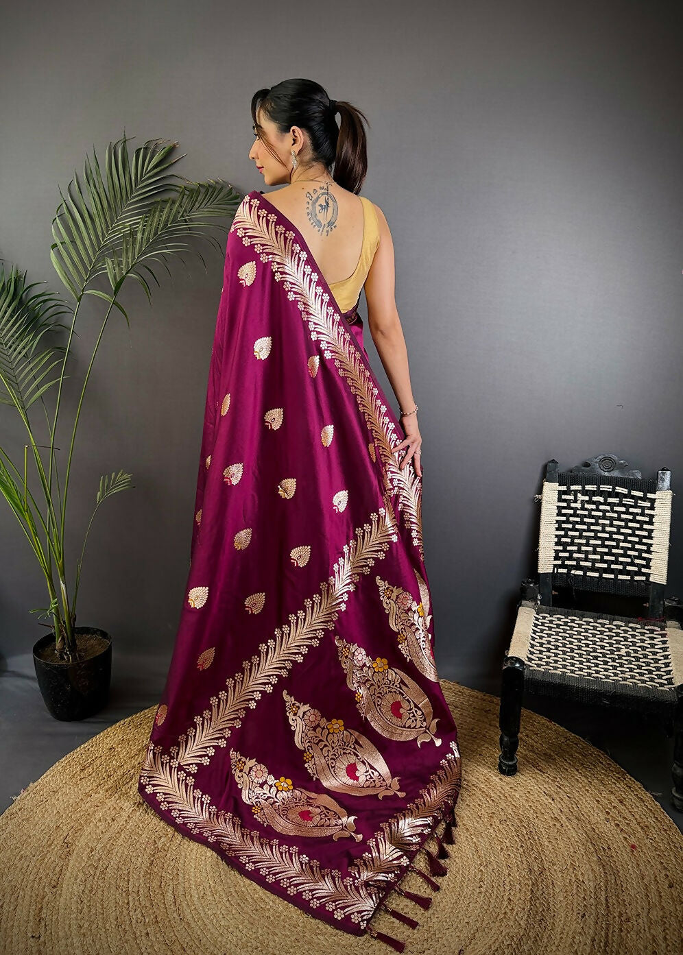 Plum Woven Soft Silk Saree with Gold Festive Detailing