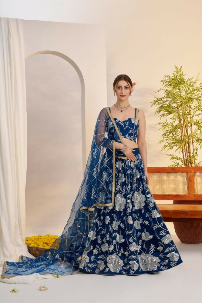 More Peach Blue butterfly net lehenga with white cotton thread and sequence embroidery