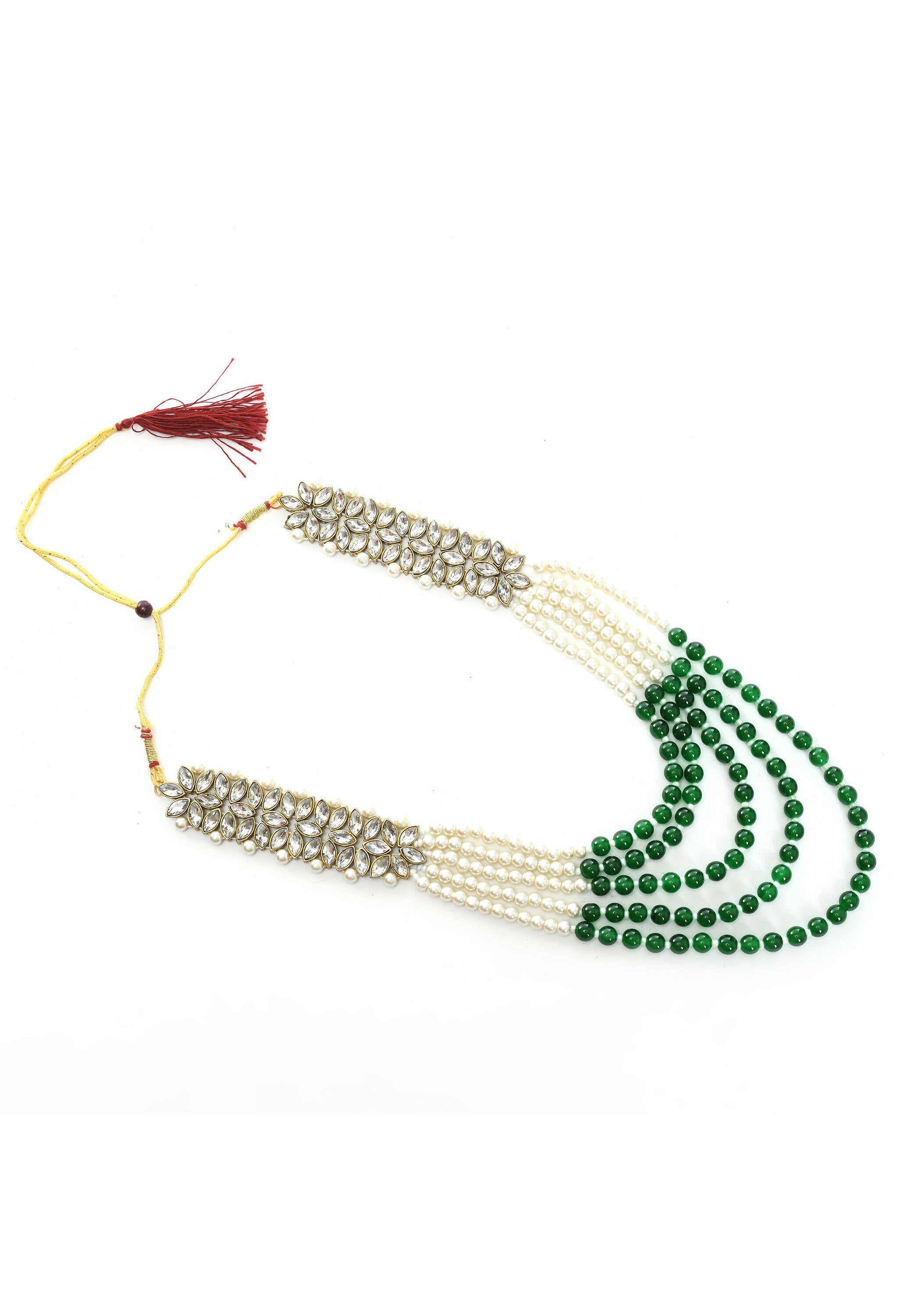 Johar Kamal Gold-Polished Rani Haar Necklace with Green & Off-White Pearls