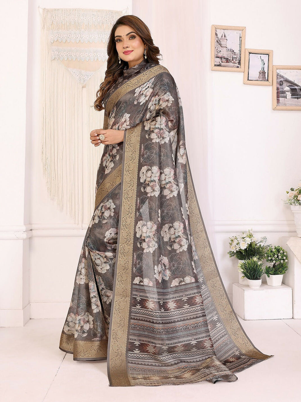 Dark Grey Floral Print Banarasi Silk Saree with Unstitched Blouse