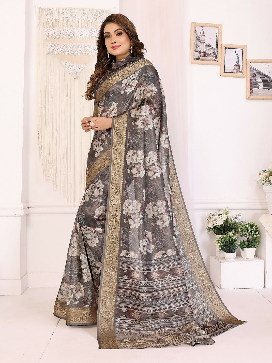 Dark Grey Floral Print Banarasi Silk Saree with Unstitched Blouse