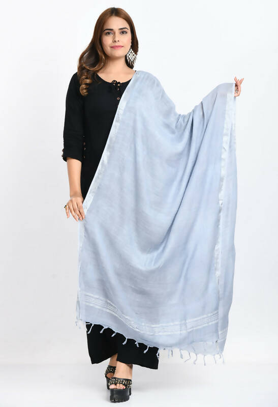 Grey linen cotton dupatta for women featuring a minimalist silver border