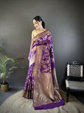 Purple soft silk Banarasi saree featuring floral and ethnic Meenakari motifs