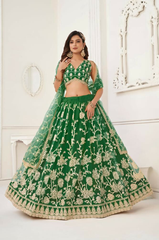 Parrot Green Butterfly Net Wedding Lehenga with Thread & Sequence