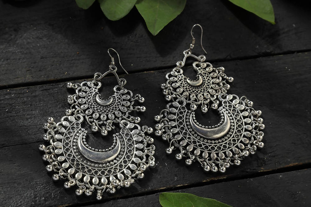 Silver-Plated Chandbali Earrings with Intricate Kamal Design