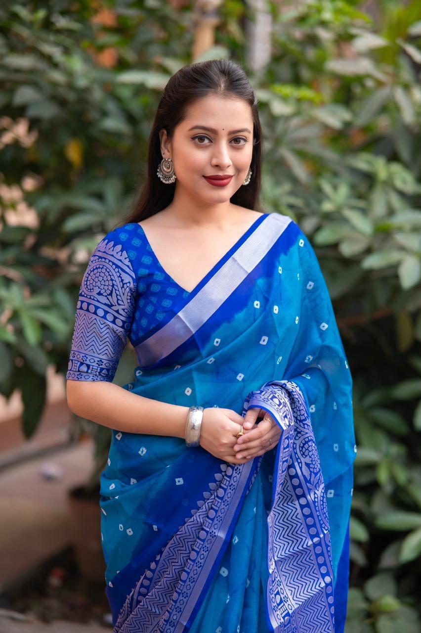 Blue Jute Silk Bandhani Saree with Cut Broaso Border and Blouse
