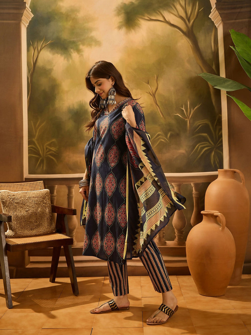 Navy Blue Printed Pure Cotton Kurta Set - Classic Ethnic Wear