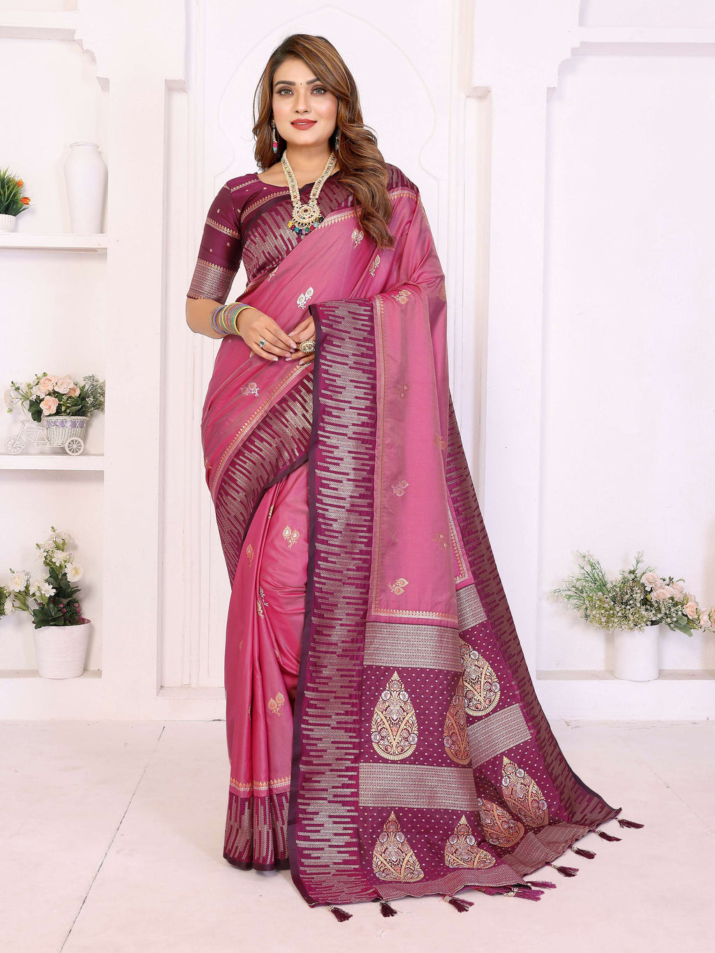 Magenta South Soft Silk saree with Zari weaving border.