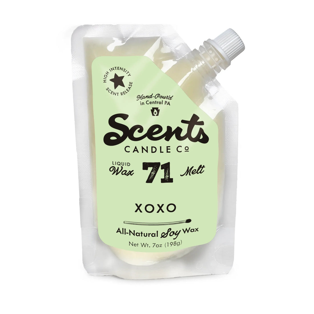 A pouch of XOXO scented liquid soy wax melt with label showing high intensity scent release and all-natural ingredients.