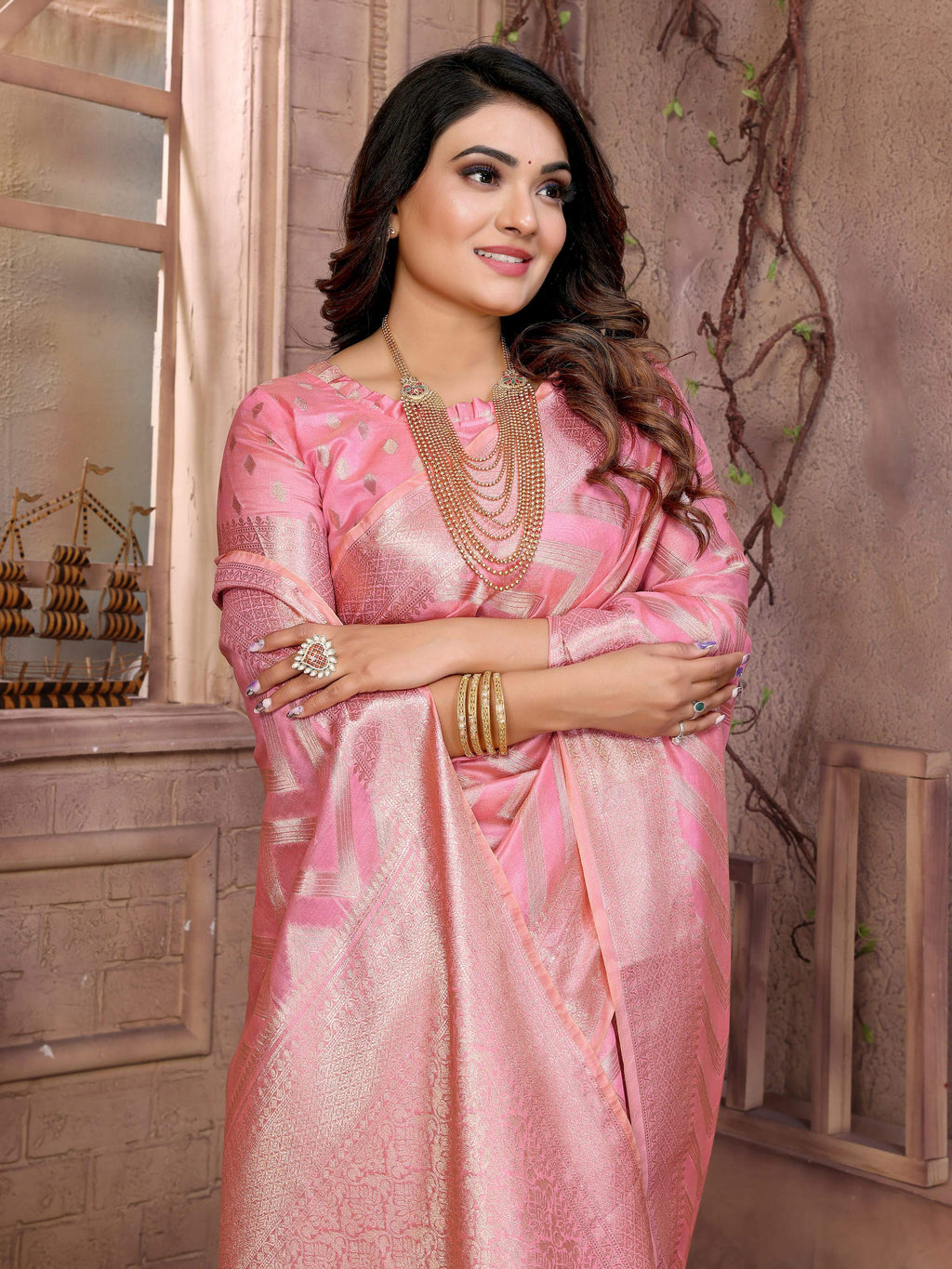 Pink Soft Organza Silk Saree with Delicate Weaving