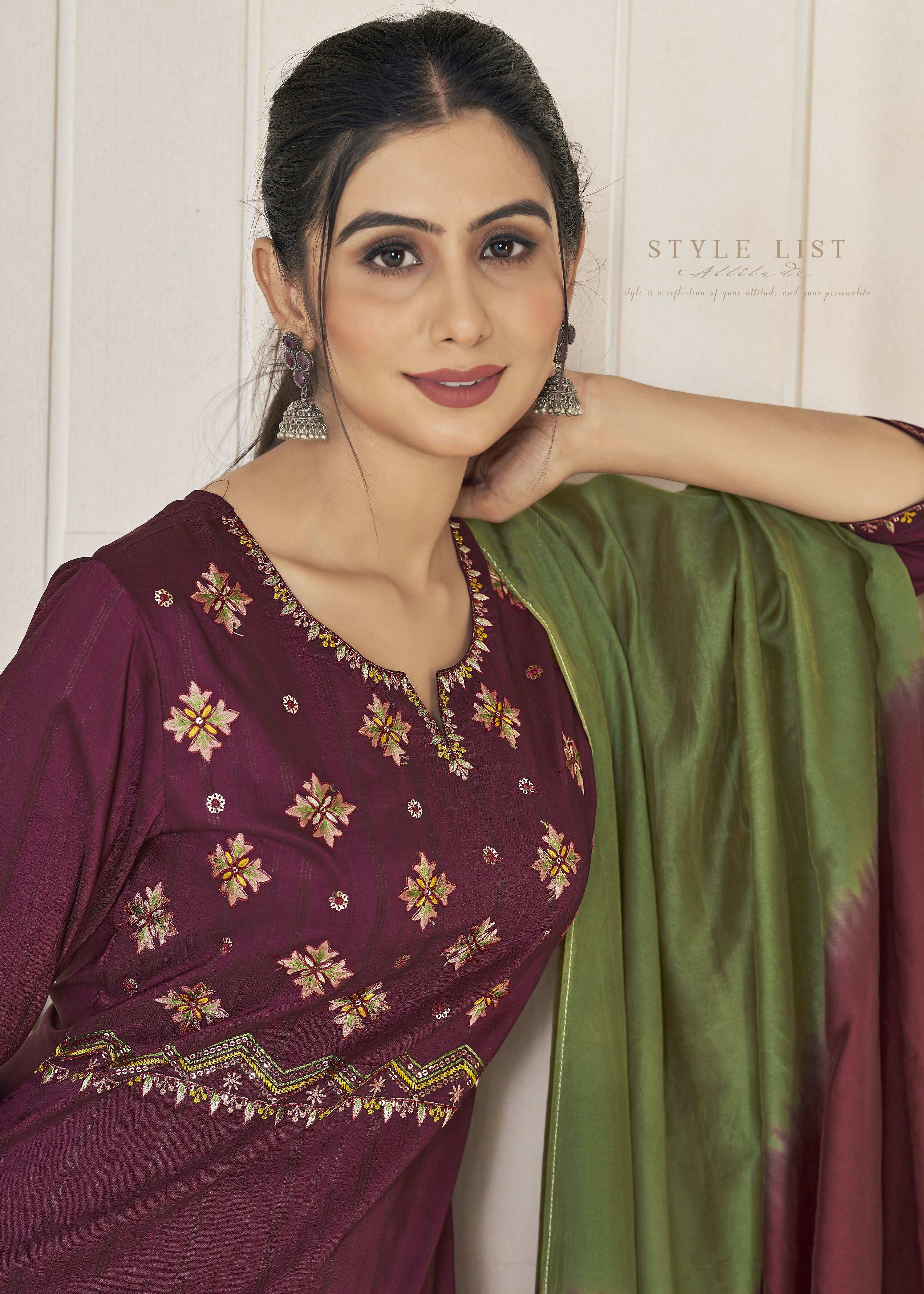 Wine Pure Viscose Kurta Set with Weaving Stripe and Embroidery