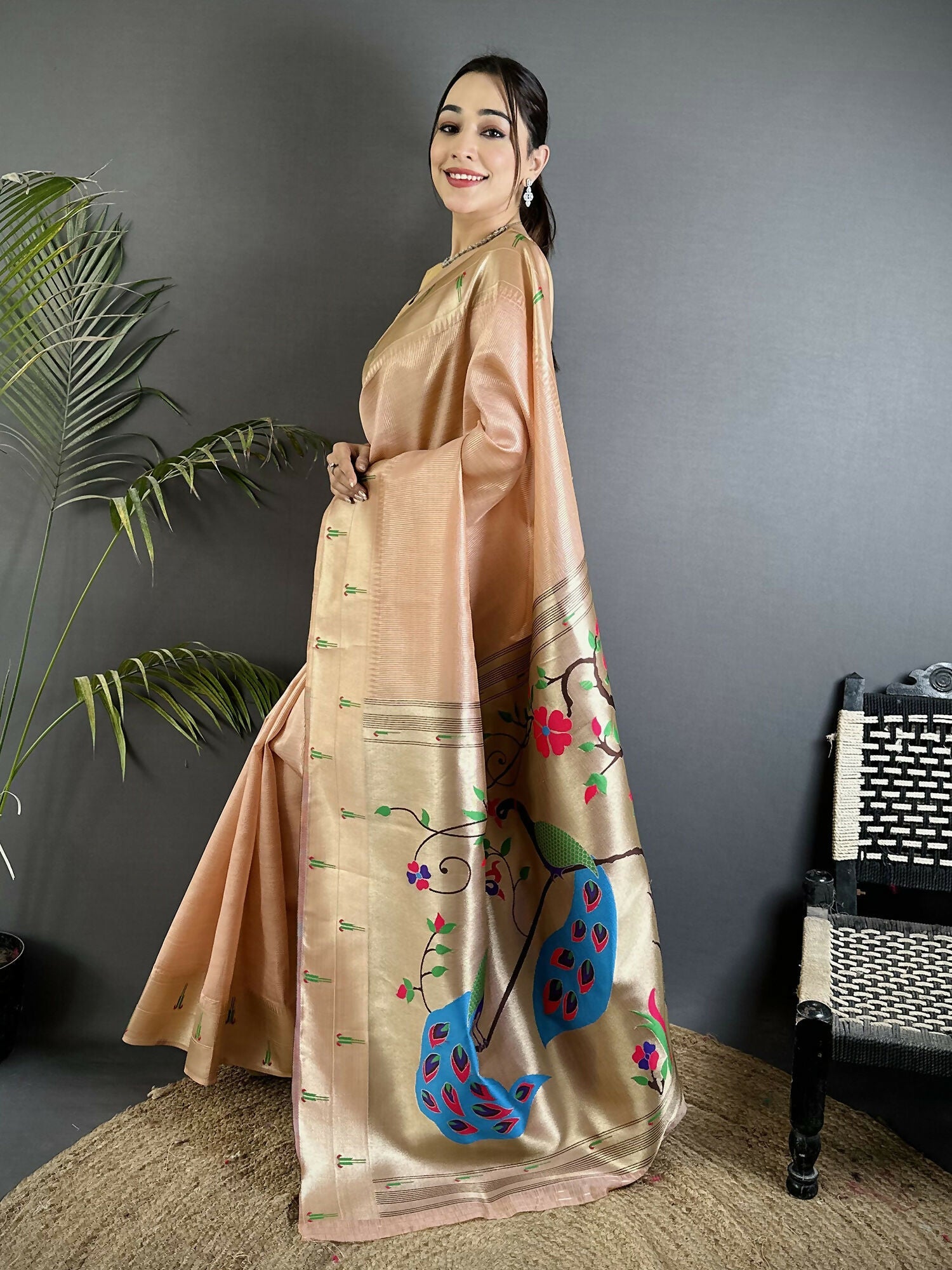 Joban Fashion Peach Peacock & Floral Motifs Tissue Paithani Saree